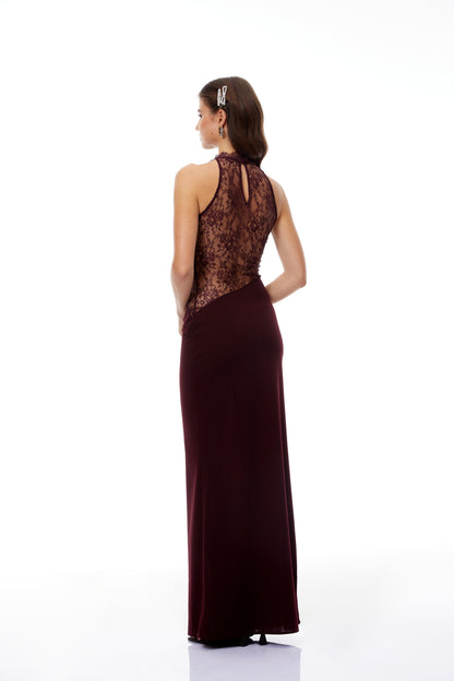 Gioconda Burgundy Halterneck Lace Panel Maxi Dress