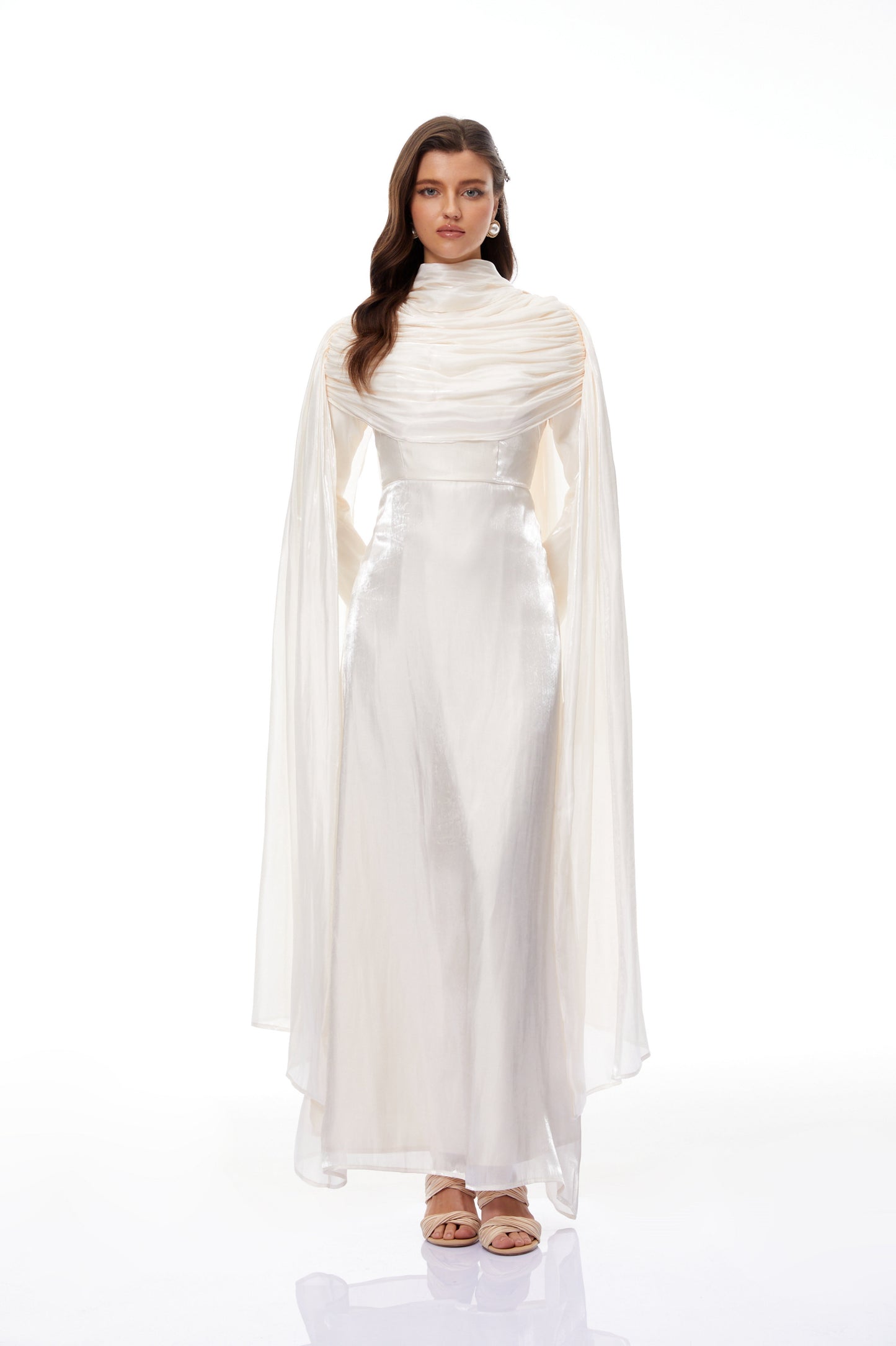 Hege Cream Glossy Ruched Cape Maxi Dress