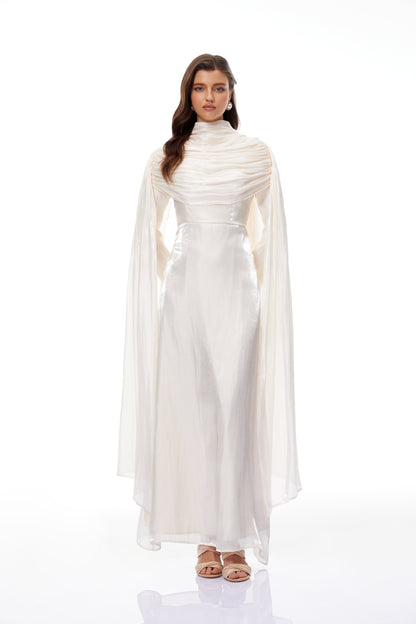 Hege Cream Glossy Ruched Cape Maxi Dress