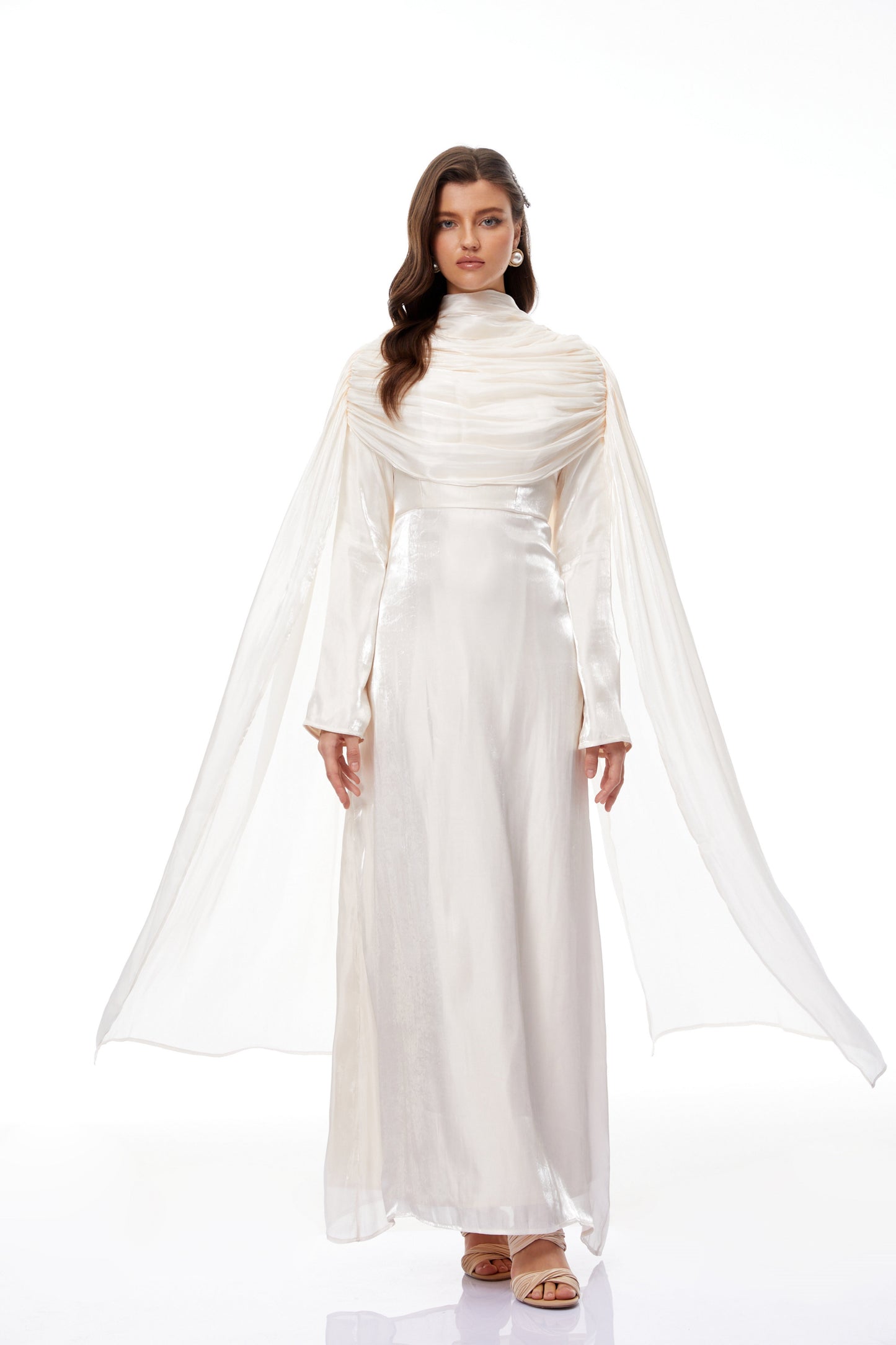 Hege Cream Glossy Ruched Cape Maxi Dress