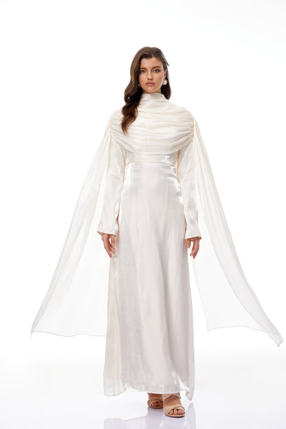 Hege Cream Glossy Ruched Cape Maxi Dress