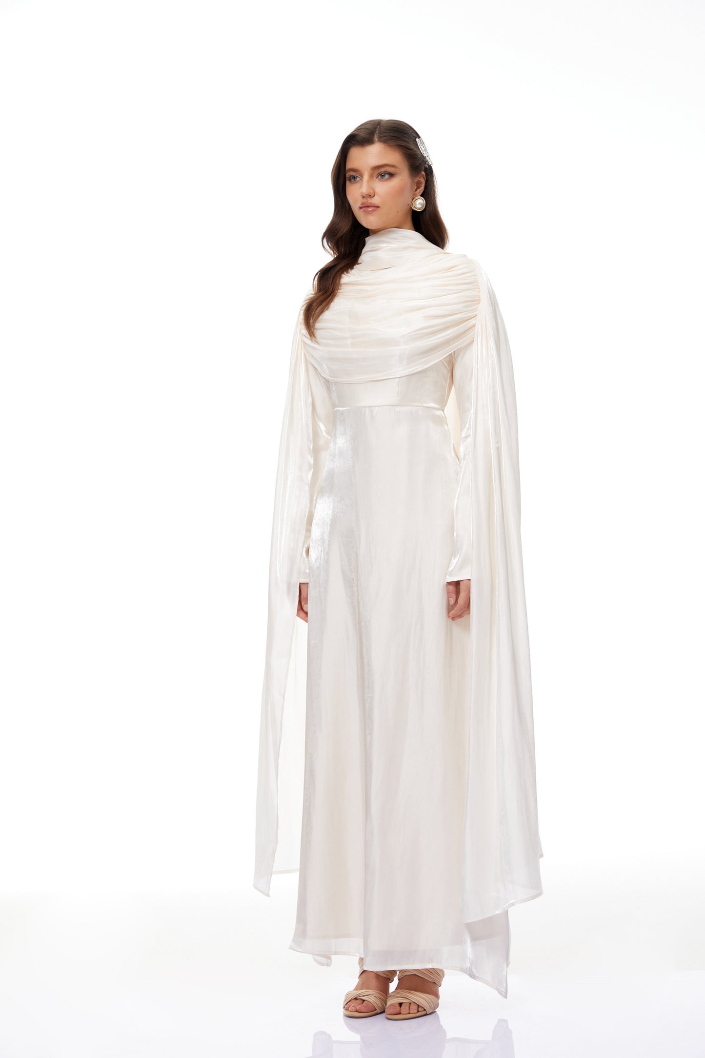 Hege Cream Glossy Ruched Cape Maxi Dress