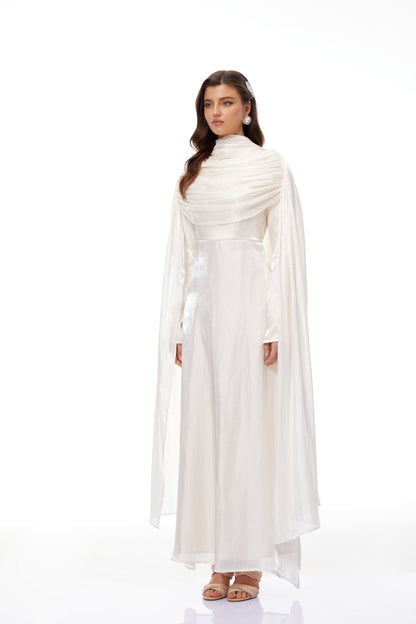 Hege Cream Glossy Ruched Cape Maxi Dress
