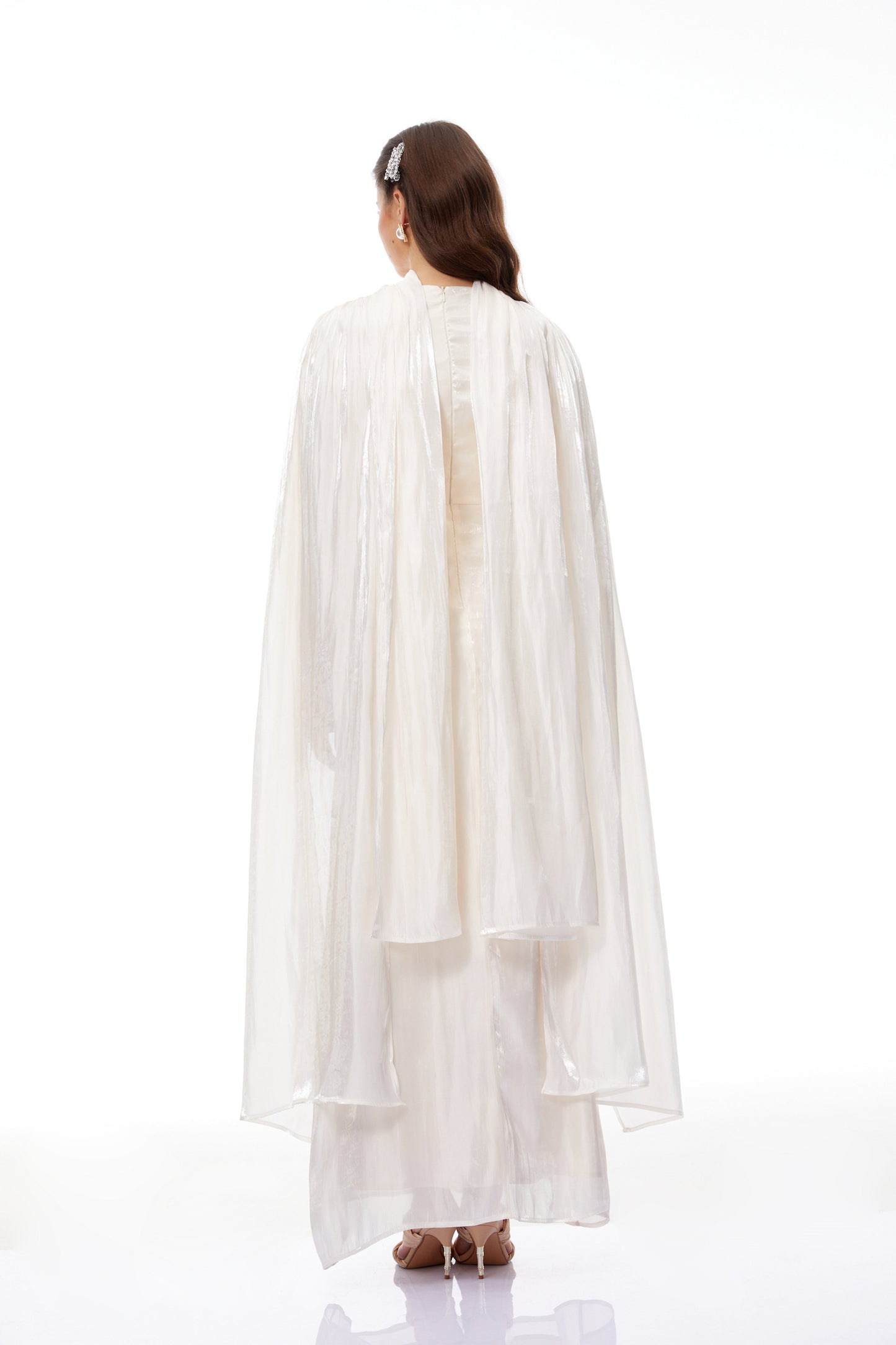 Hege Cream Glossy Ruched Cape Maxi Dress