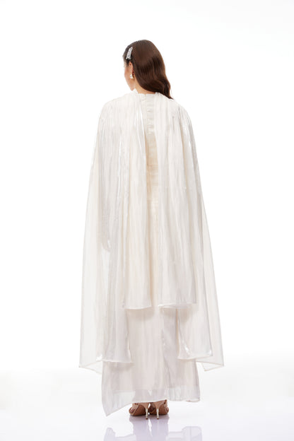 Hege Cream Glossy Ruched Cape Maxi Dress