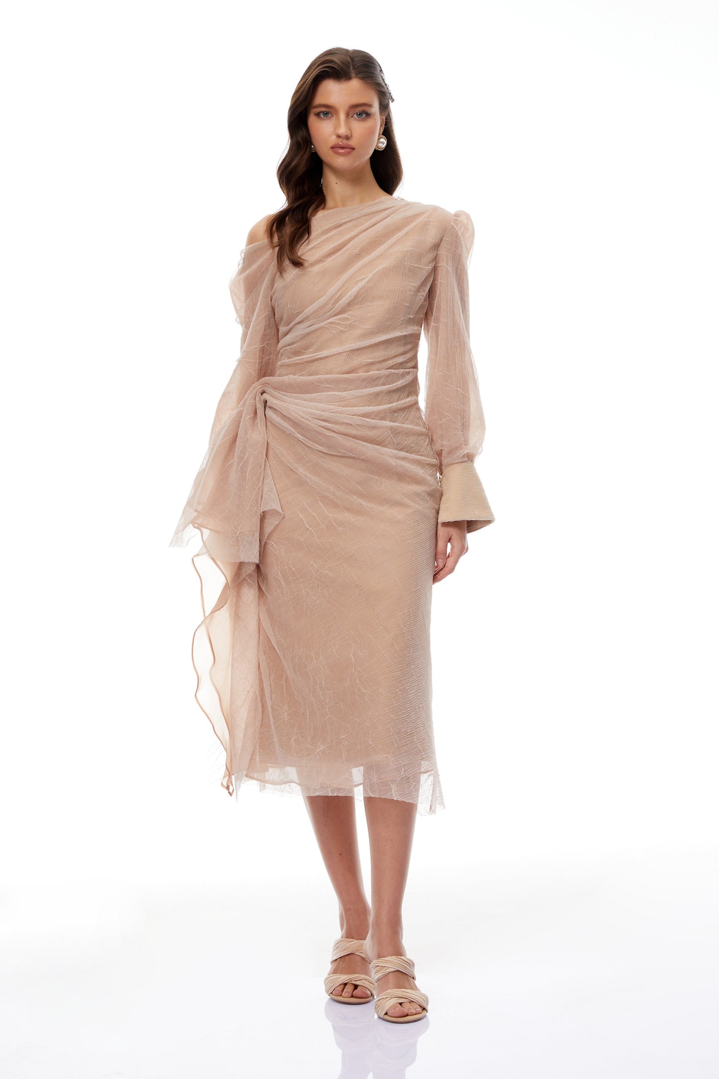 Pietro Khaki Asymmetrical Gathered Midi Dress