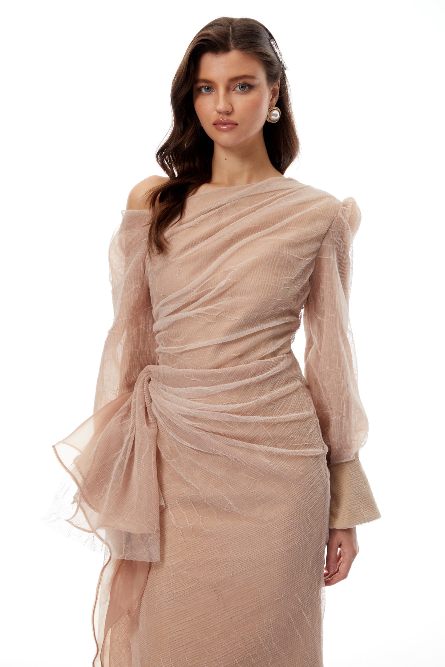 Pietro Khaki Asymmetrical Gathered Midi Dress