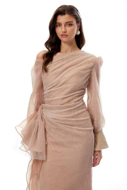 Pietro Khaki Asymmetrical Gathered Midi Dress