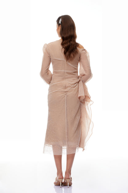 Pietro Khaki Asymmetrical Gathered Midi Dress