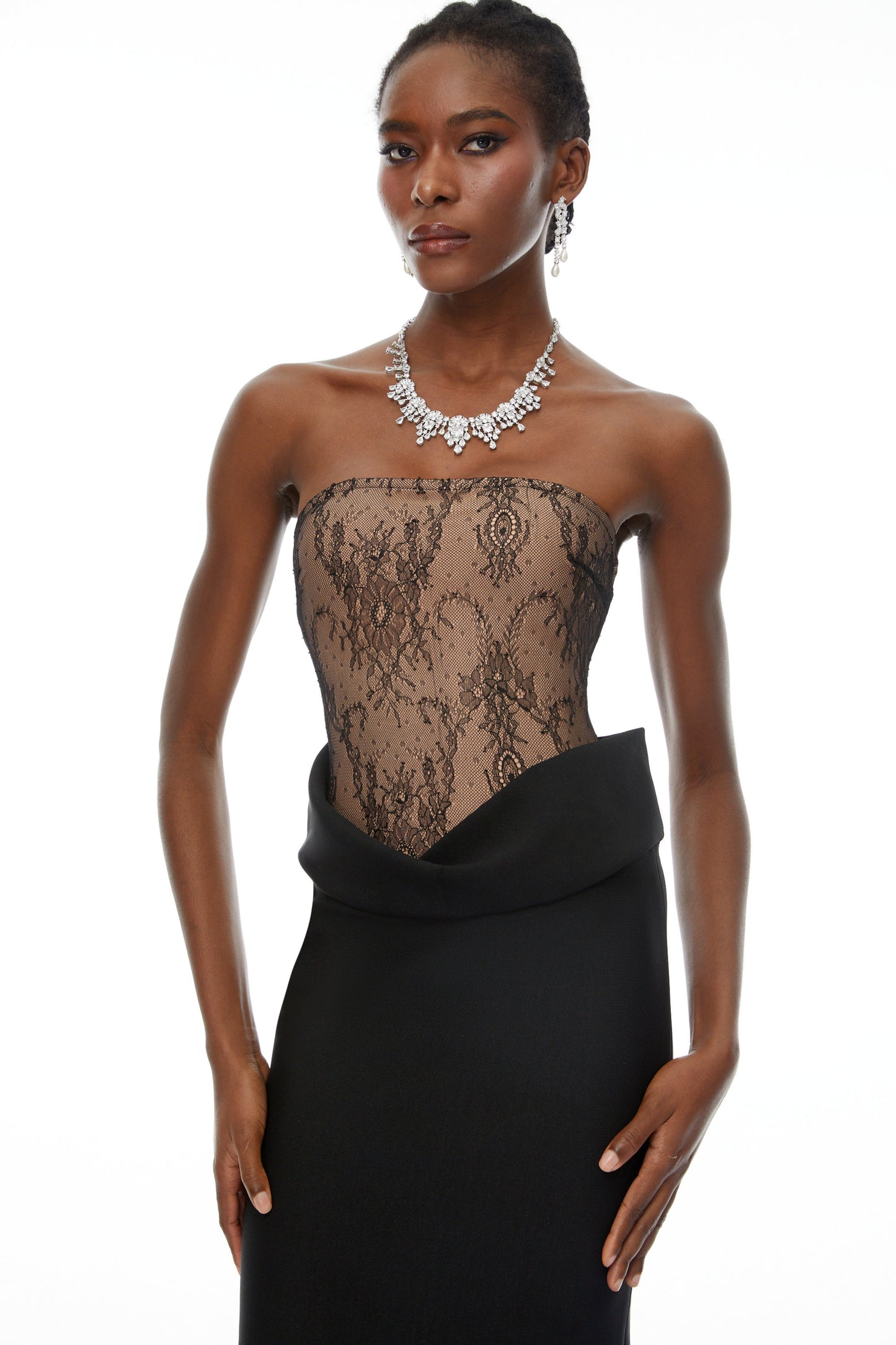 Leire Black Lace Panel Ruched Maxi Dress