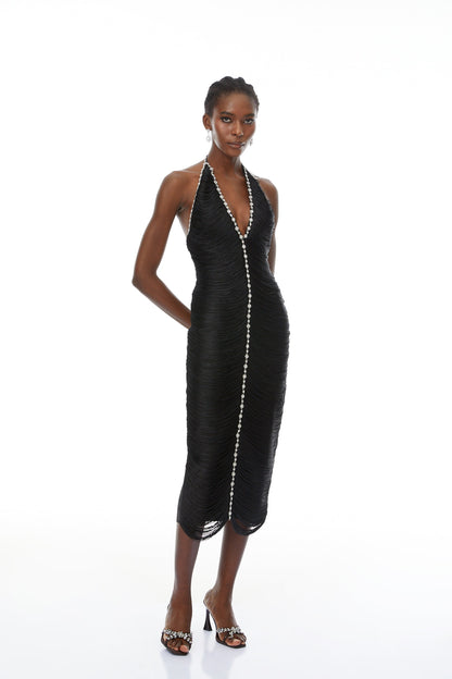 Grazia Black Halterneck Embellished Fringed Midi Dress