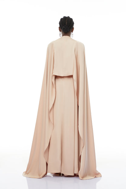 Everleigh Champagne Satin Top & Skirt Set With Cape Detail