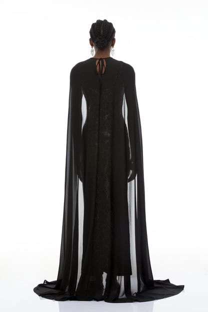 Lorenzo Black Cape & Leopard Print Maxi Dress Set