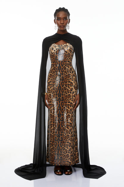 Lorenzo Black Cape & Leopard Print Maxi Dress Set