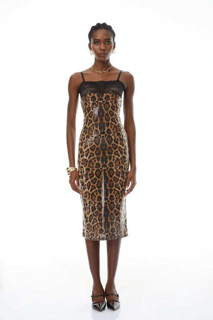 Pamela Brown Leopard Sequin Embellished Midi Dress