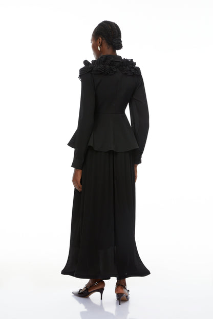 Prudence Black Ruffled Blazer & Pleated Skirt Set