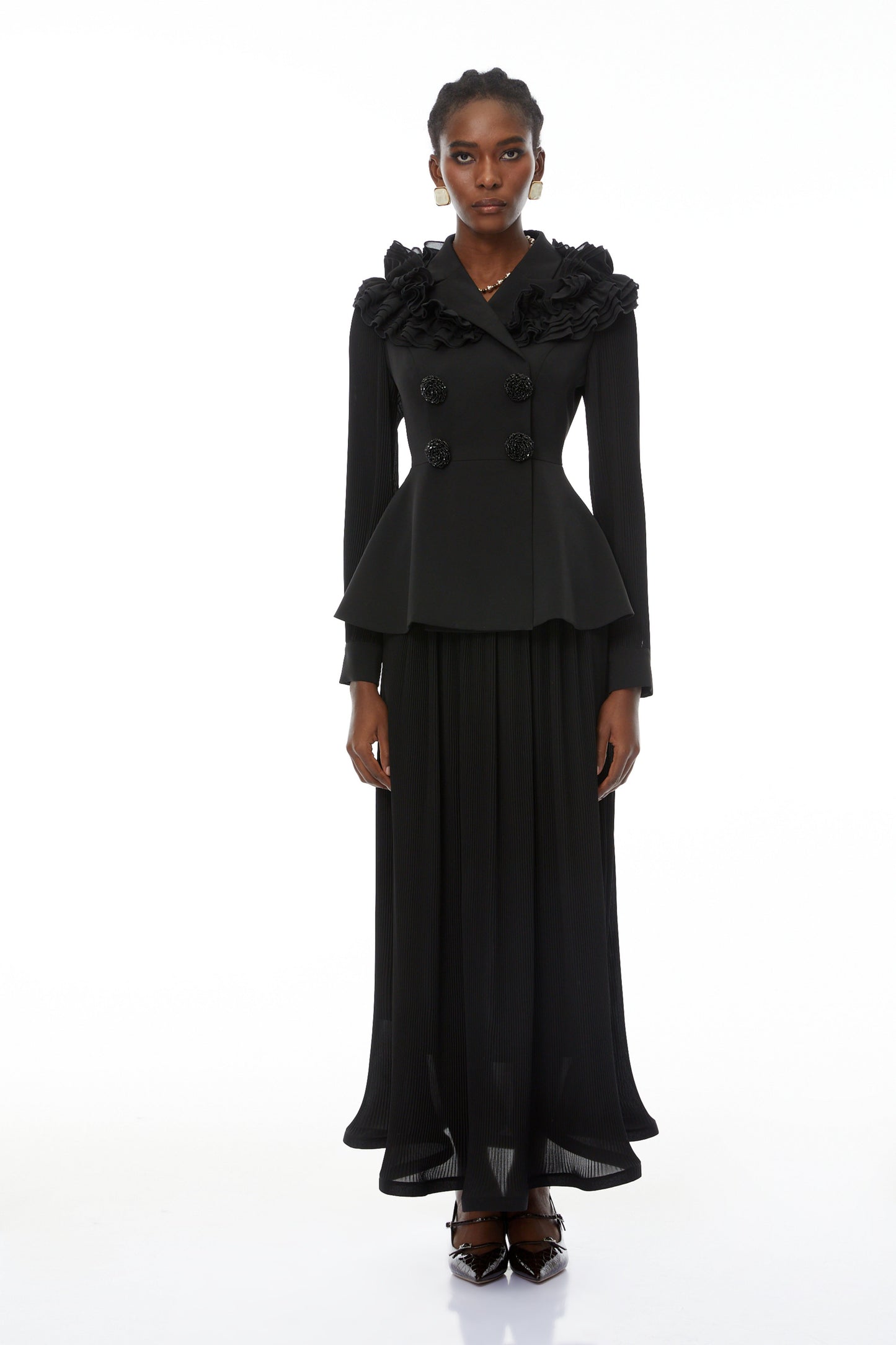 Prudence Black Ruffled Blazer & Pleated Skirt Set