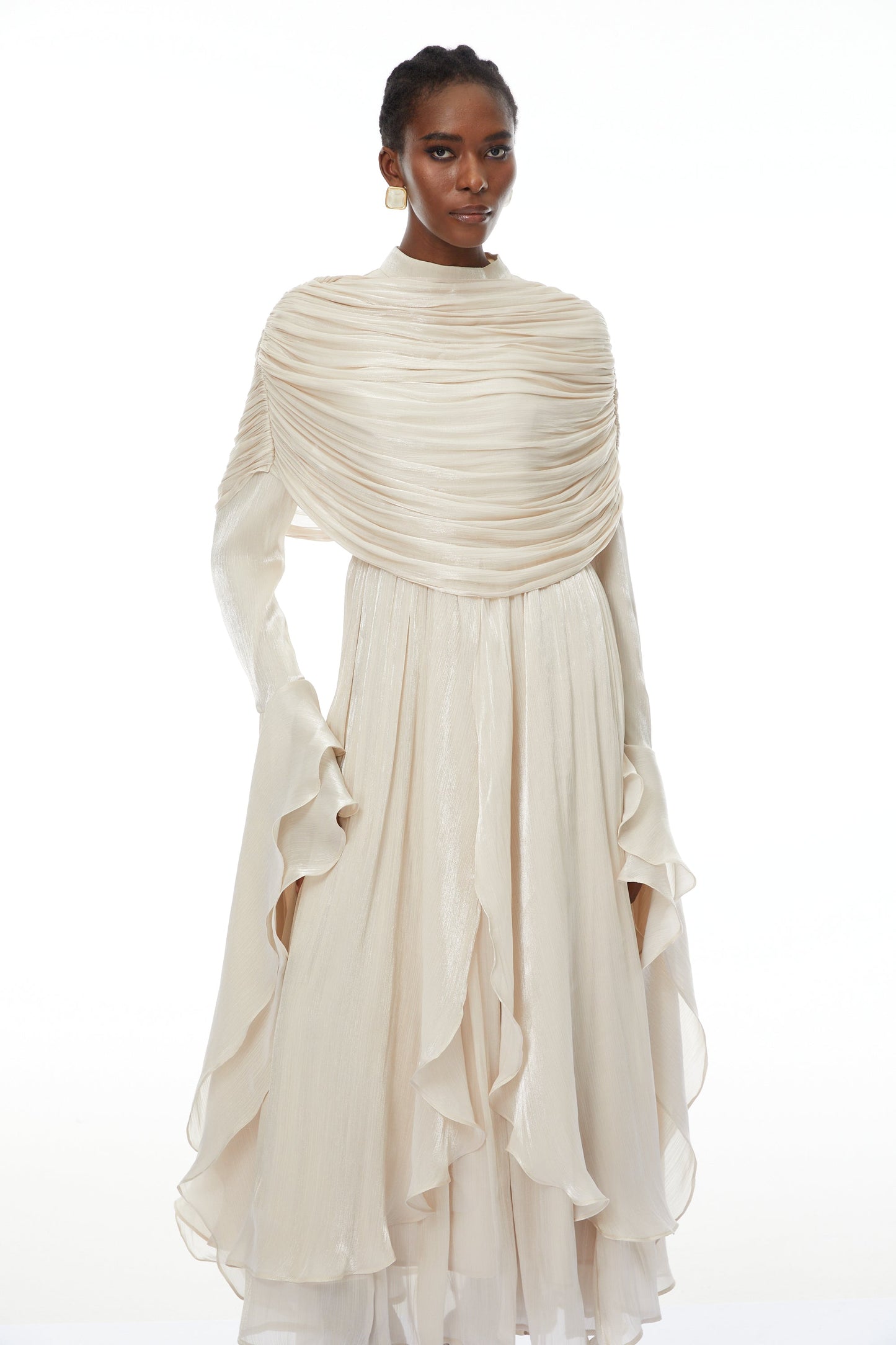 Gustave Neutral Ruched Cape Ruffled Maxi Dress