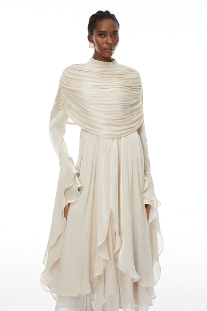 Gustave Neutral Ruched Cape Ruffled Maxi Dress