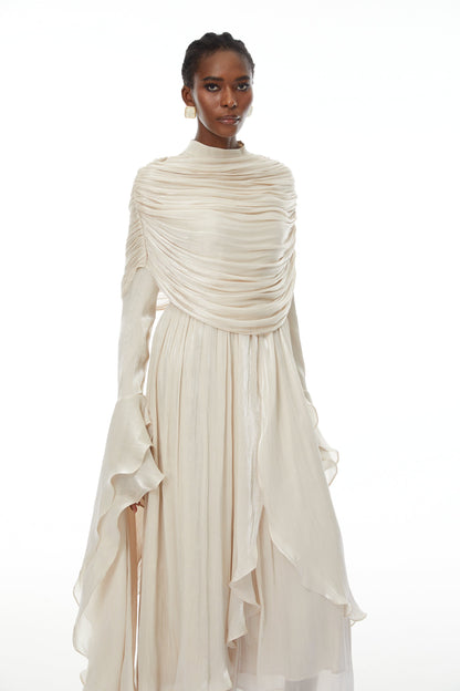 Gustave Neutral Ruched Cape Ruffled Maxi Dress