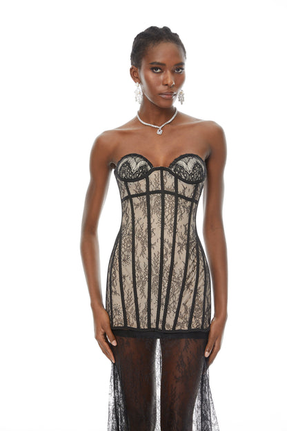 Astrid Black Floral Lace Corset Maxi Dress