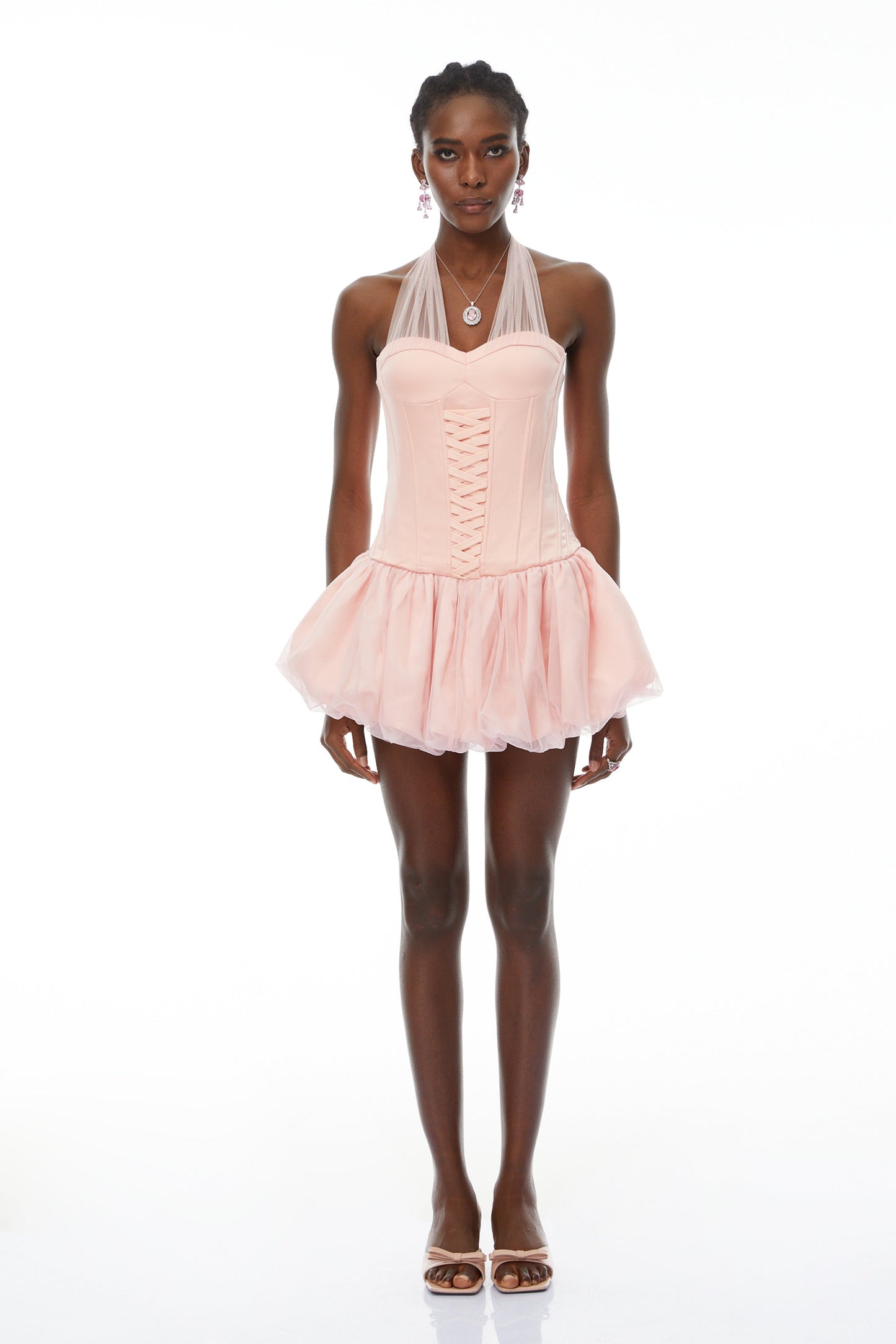 Constance Pink Halterneck Oraganza Panel Satin Mini Dress