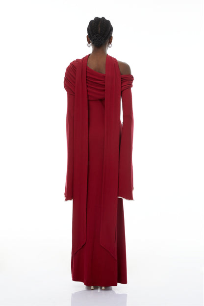 Simona Burgundy One Shoulder Pearl Trim Maxi Gown