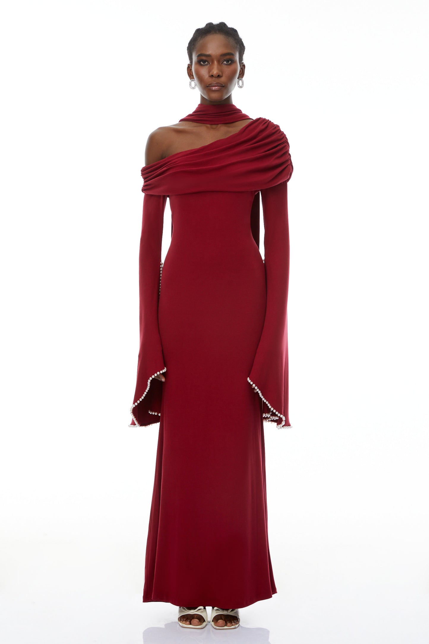 Simona Burgundy One Shoulder Pearl Trim Maxi Gown