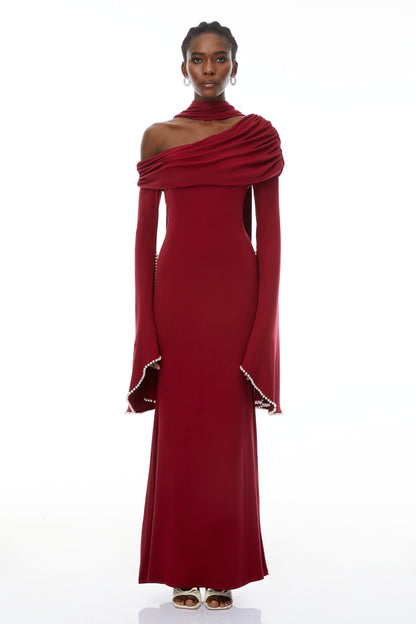Simona Burgundy One Shoulder Pearl Trim Maxi Gown