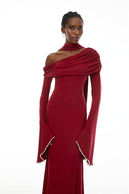 Simona Burgundy One Shoulder Pearl Trim Maxi Gown
