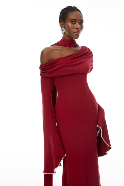 Simona Burgundy One Shoulder Pearl Trim Maxi Gown