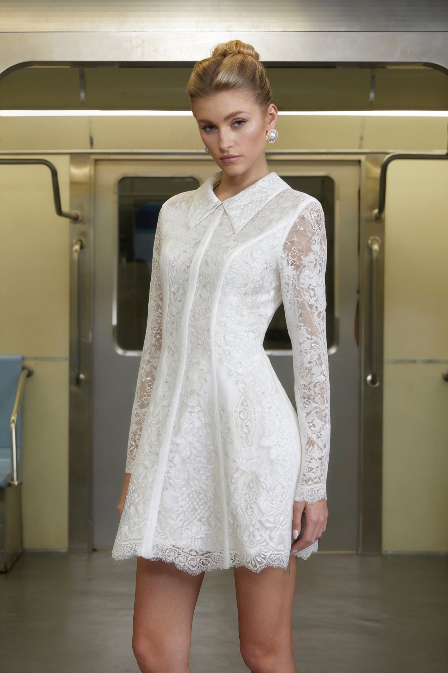 Aleksandra White Sequin Floral Lace Mini Dress