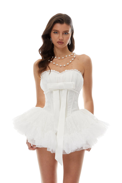 Gabriela White Bow Detail Ruffled Mini Dress