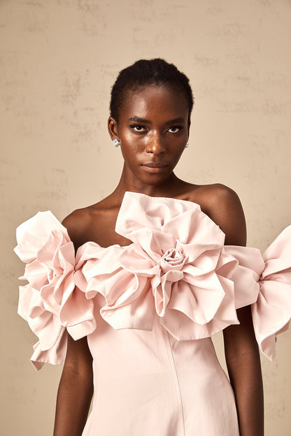 Juliette pink off-shoulder 3D-petal midi dress
