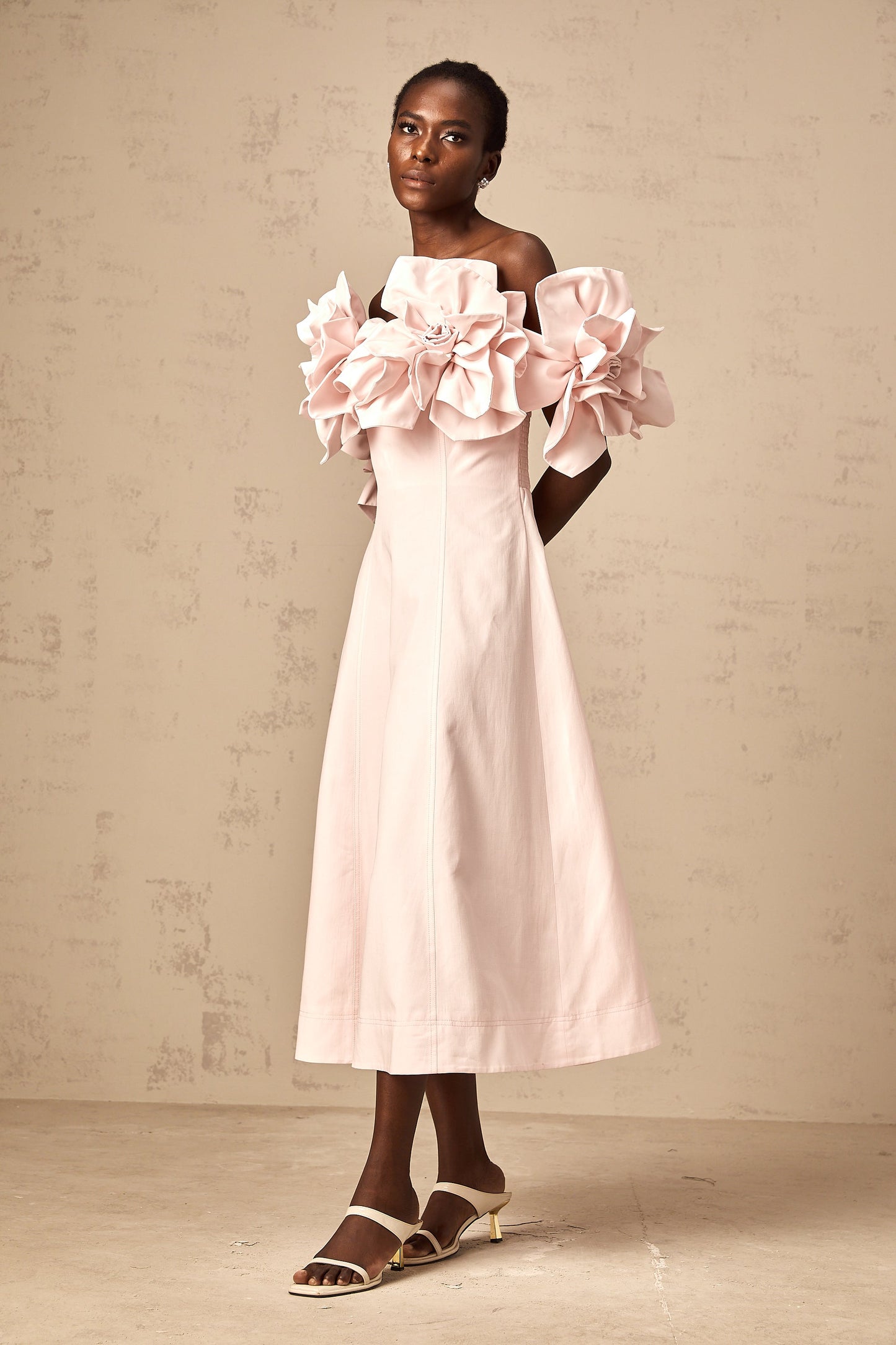 Juliette pink off-shoulder 3D-petal midi dress