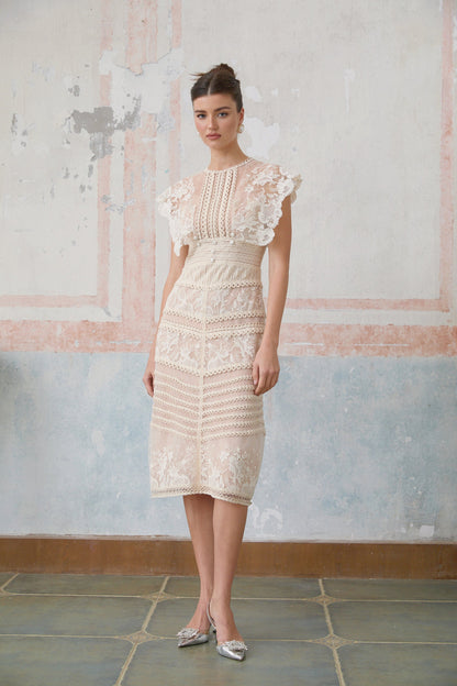Neutrals Fleur çiçek işlemeli dantel midi elbise