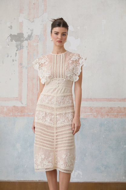Neutrals Fleur çiçek işlemeli dantel midi elbise