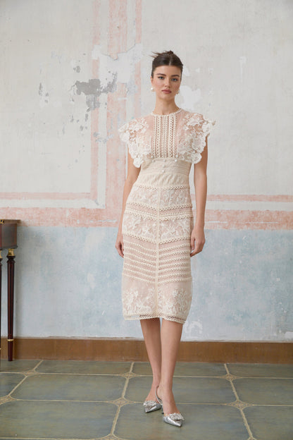 Neutrals Fleur çiçek işlemeli dantel midi elbise