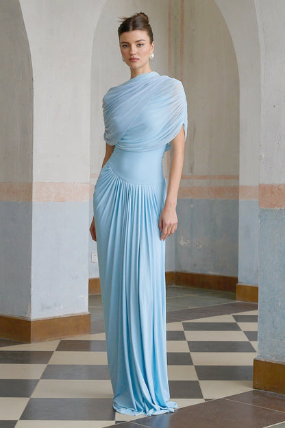 Catherine bebek mavisi asimetrik pilili maxi elbise