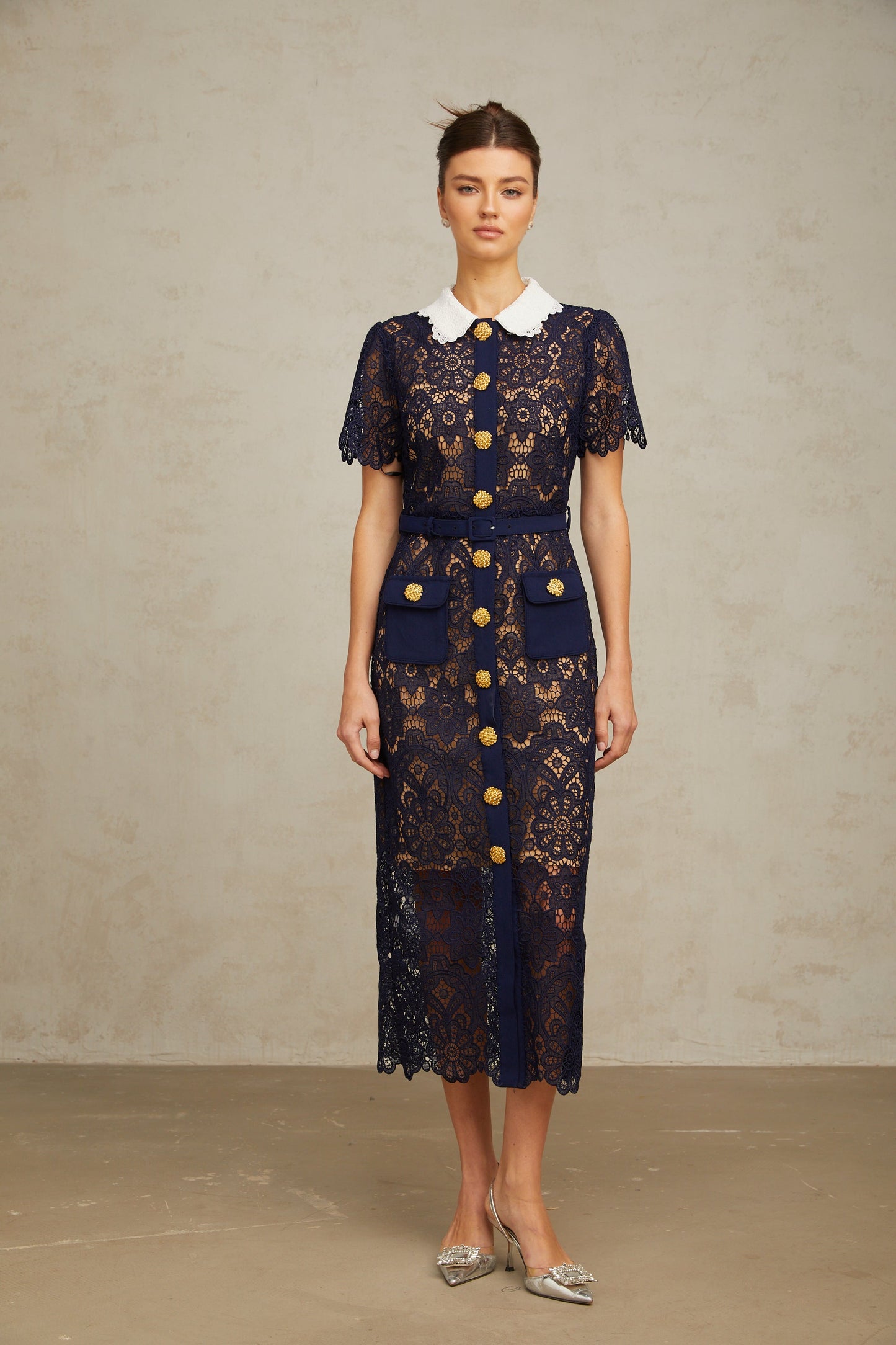 Ariane Navy Crochet-lace Midi Dress