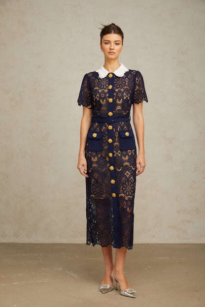 Ariane Navy Crochet-lace Midi Dress