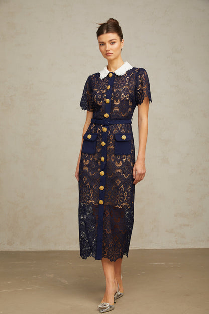Ariane Navy Crochet-lace Midi Dress