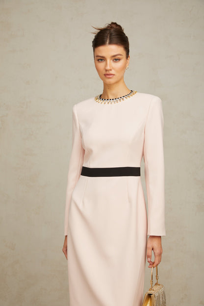 Anaïs pembe kristal bloklu midi elbise