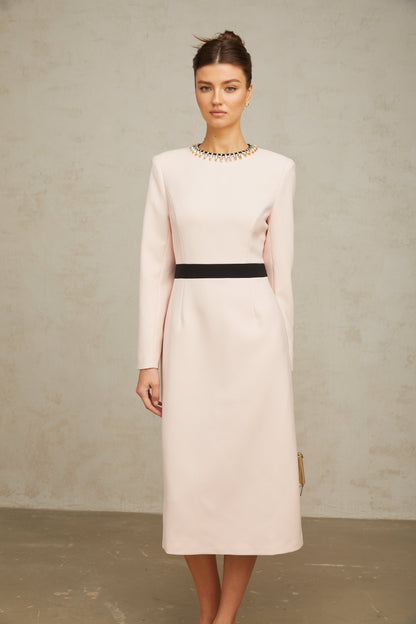 Anaïs pembe kristal bloklu midi elbise