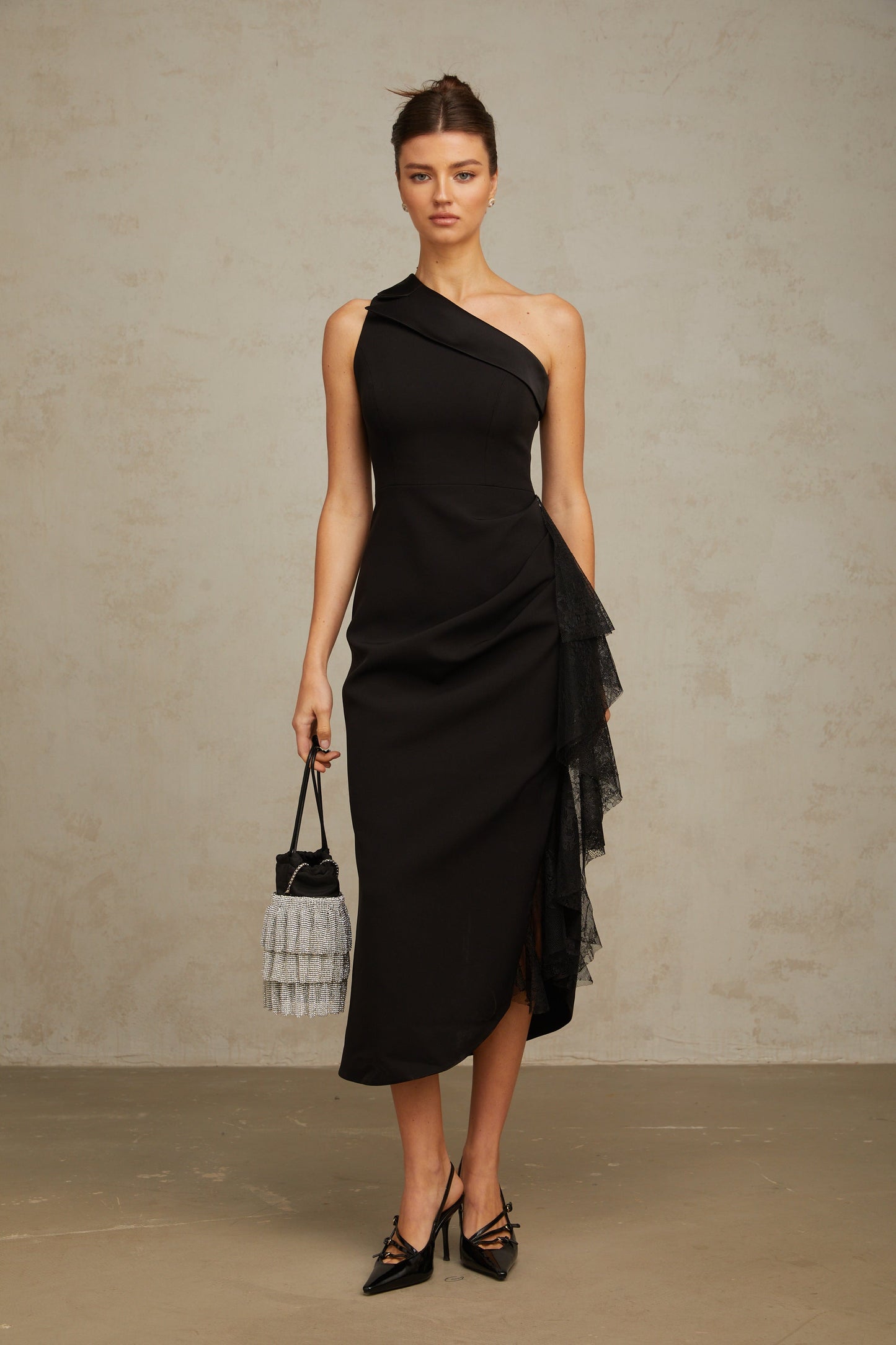 Bernadette Black Lace-Panel Asymmetrical Midi Dress