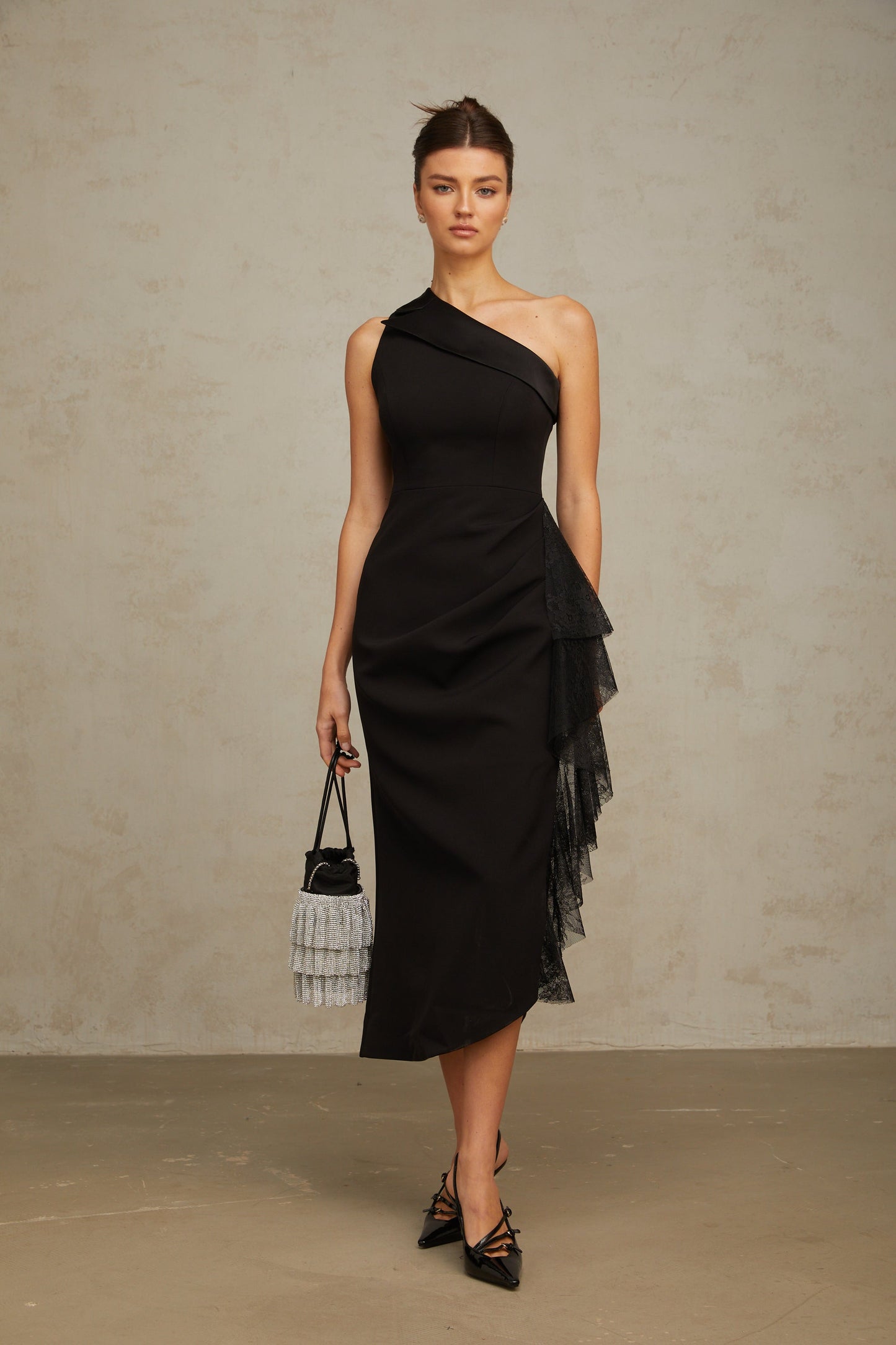Bernadette Black Lace-Panel Asymmetrical Midi Dress