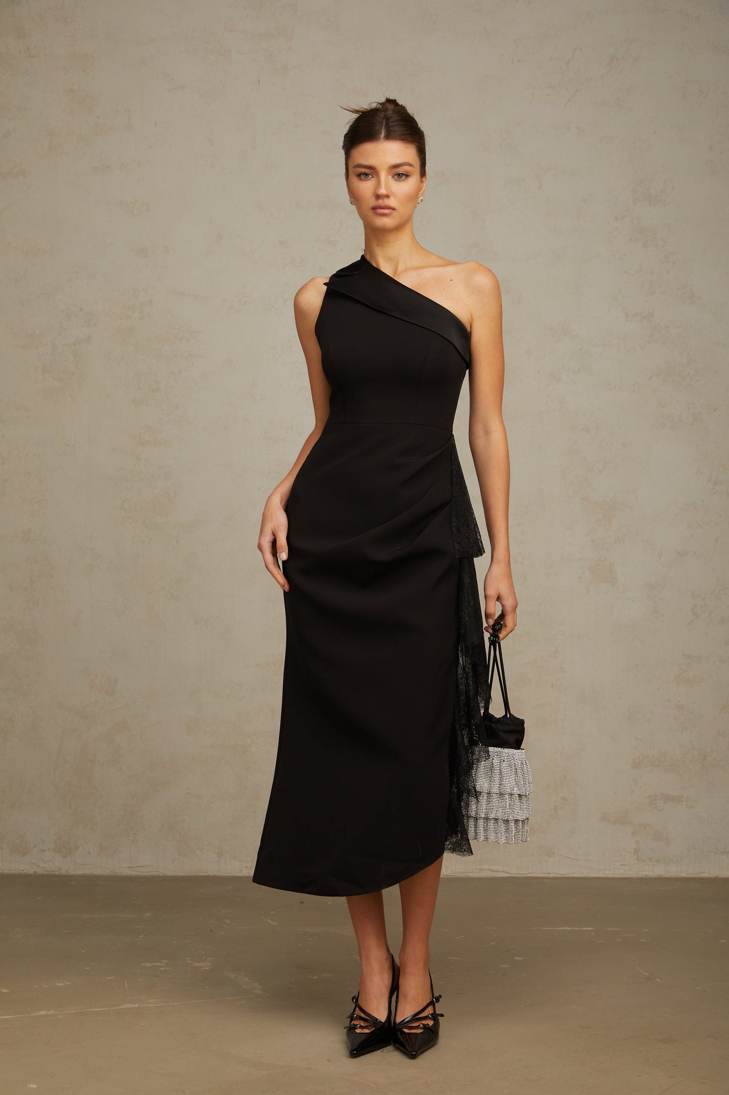 Bernadette Black Lace-Panel Asymmetrical Midi Dress