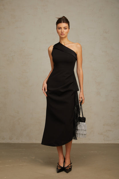 Bernadette Black Lace-Panel Asymmetrical Midi Dress