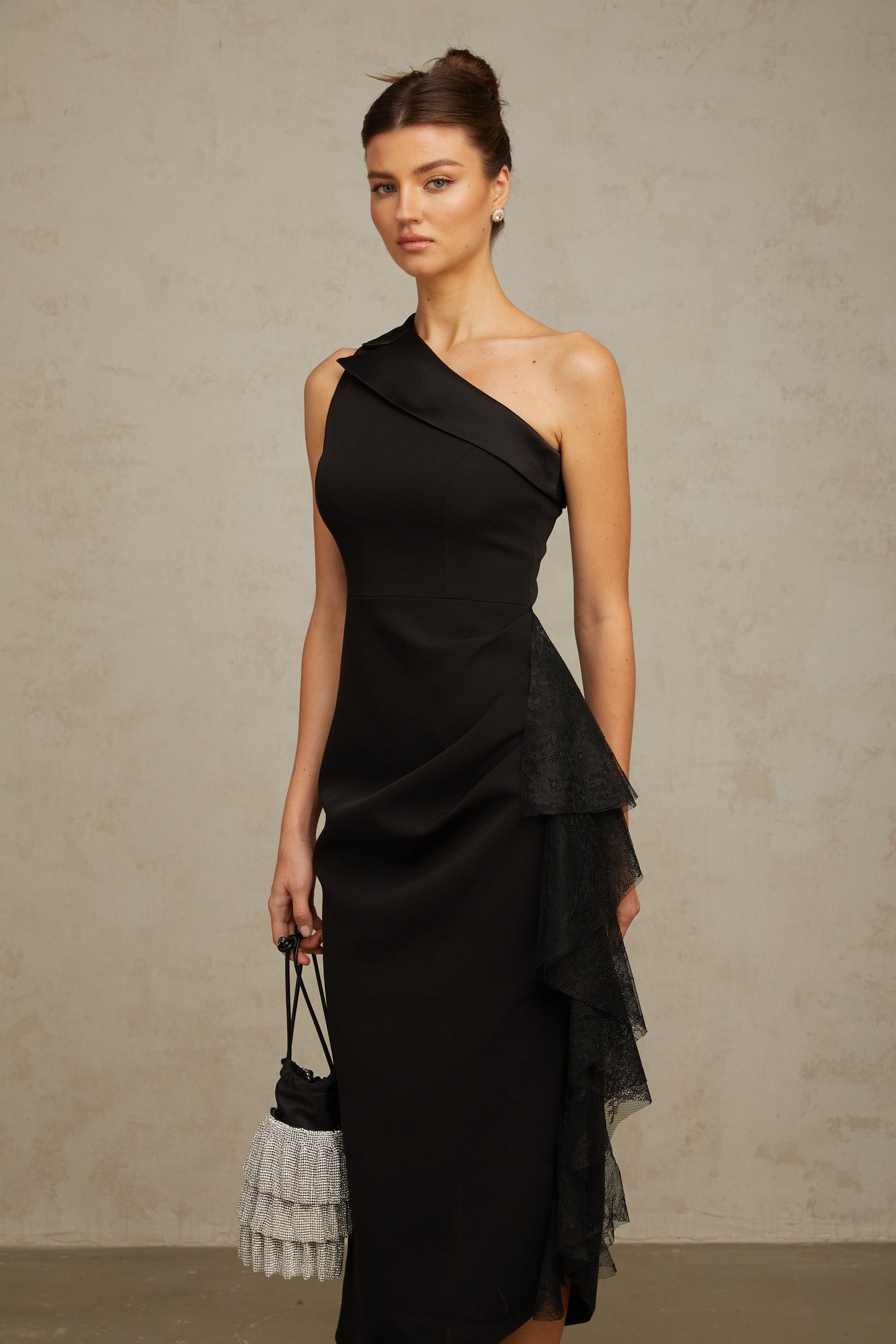 Bernadette Black Lace-Panel Asymmetrical Midi Dress