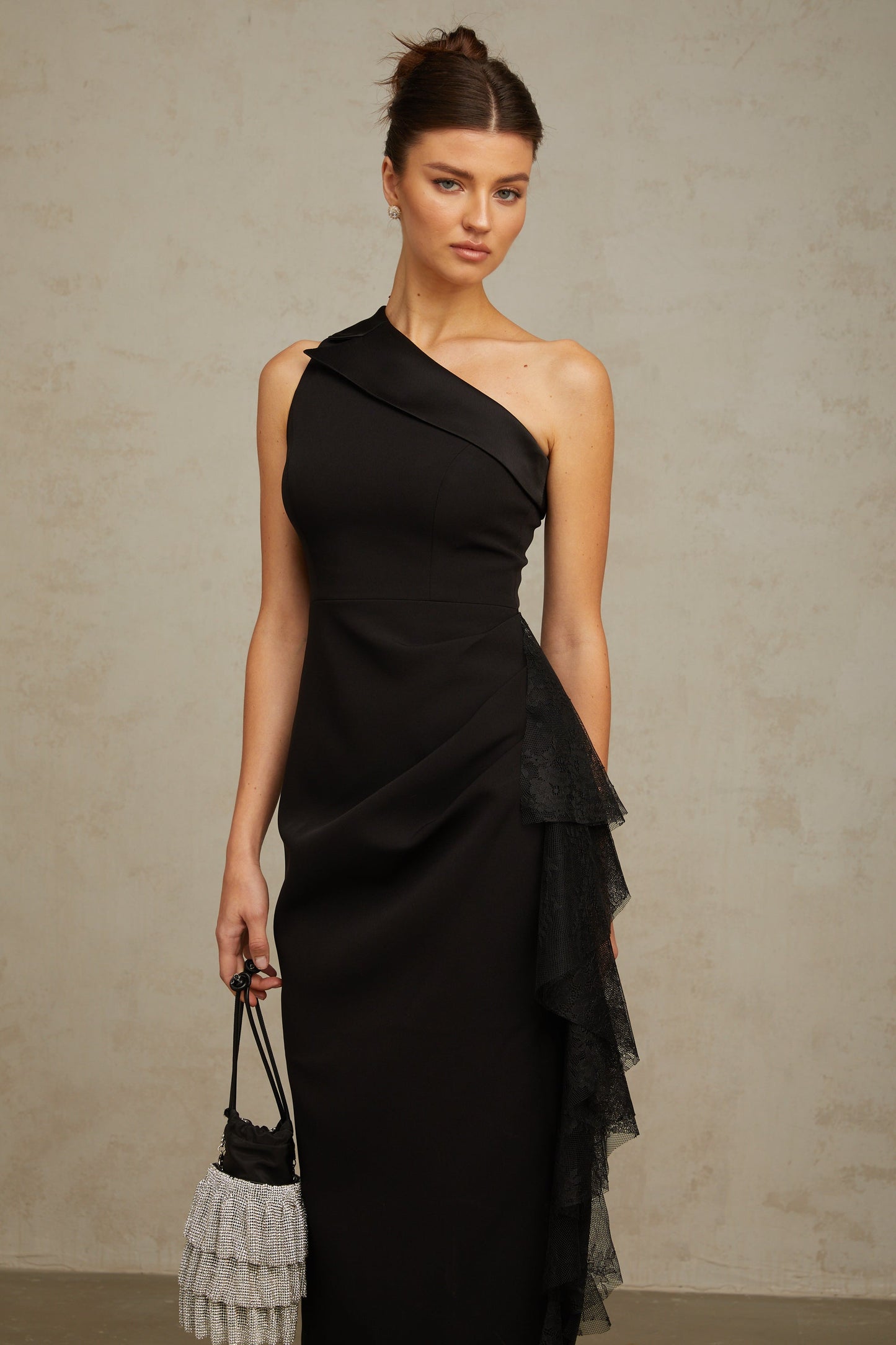 Bernadette Black Lace-Panel Asymmetrical Midi Dress